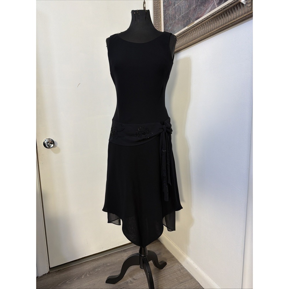 Evan Picone Cocktail Black Dress mid Sz 6 Beading Drop Waist Asymmetrical